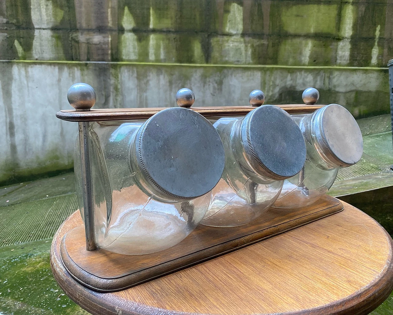 3 Glass cookie jars on wood stand, 1930s 6