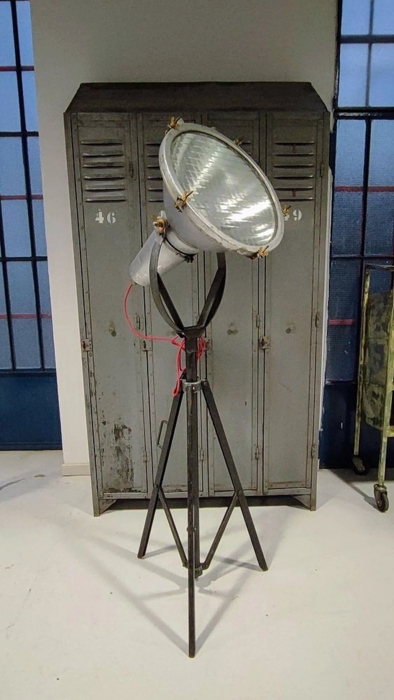 Industrial iron and glass floor spotlight, 1950s 1