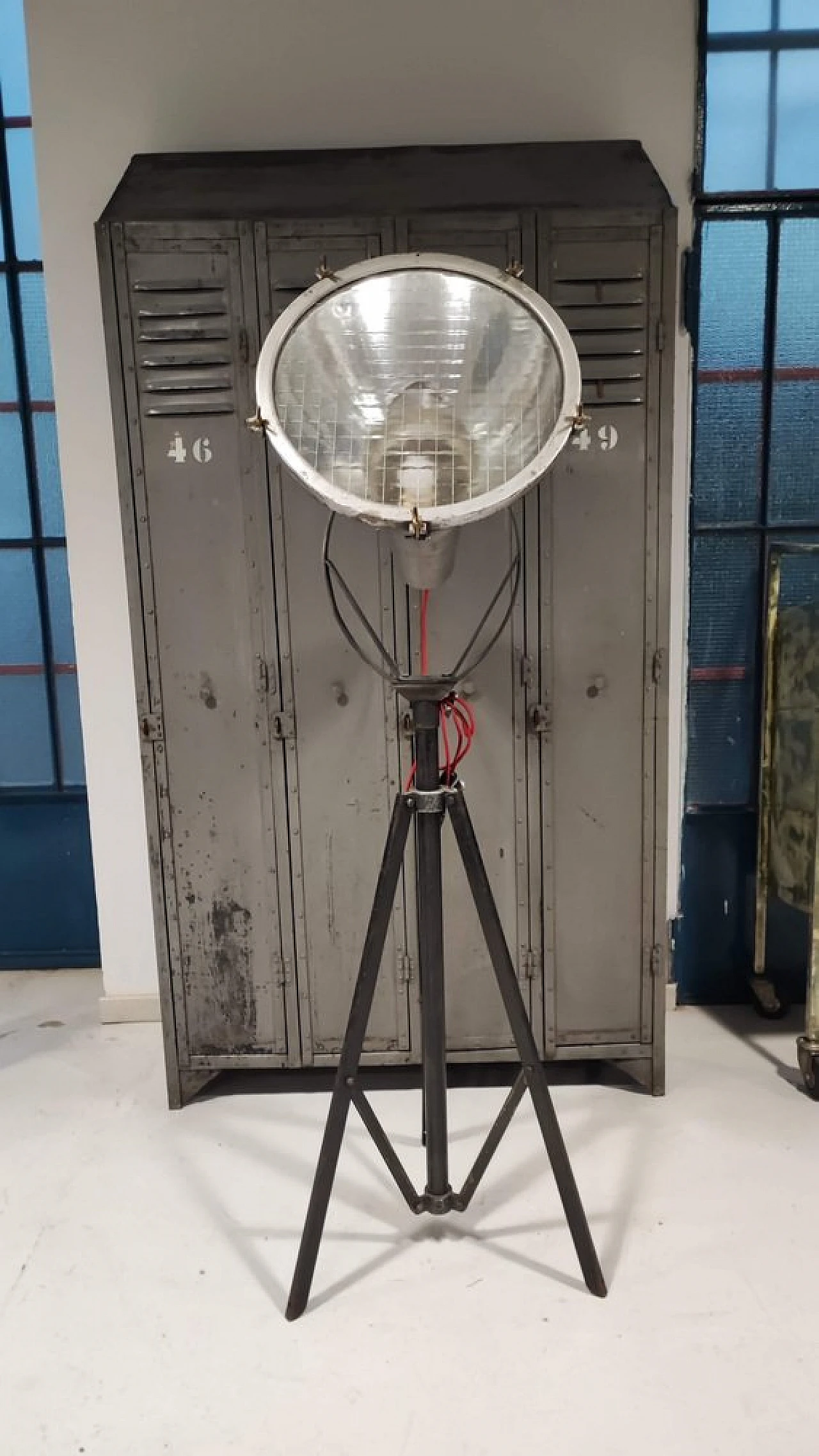 Industrial iron and glass floor spotlight, 1950s 3