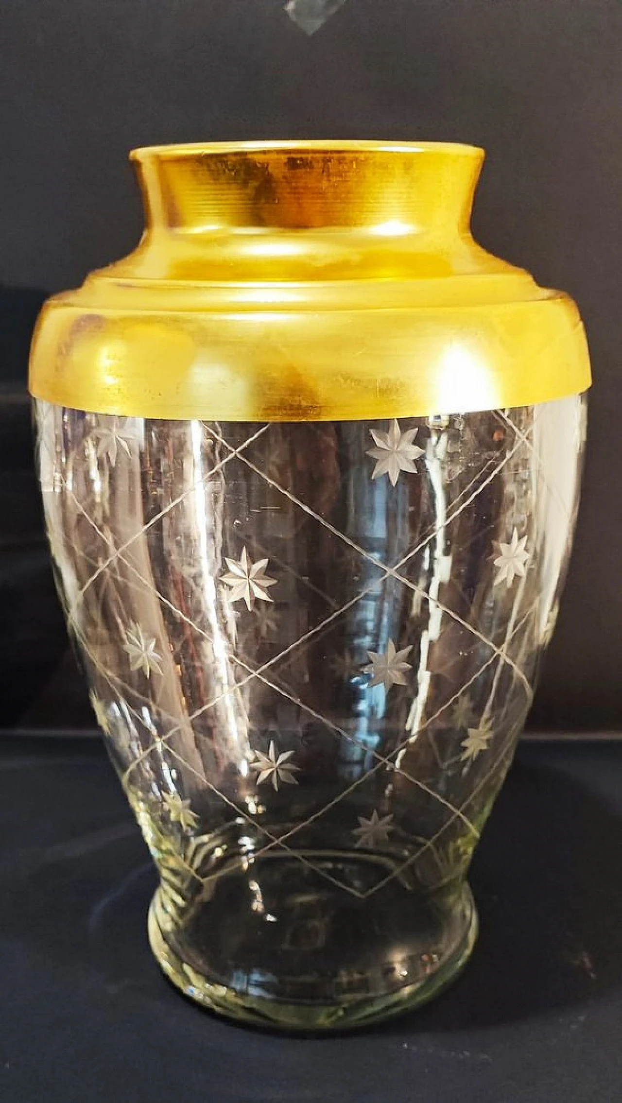 3 Glass vases for candies with engraved stars & brass lid, 1940s 1