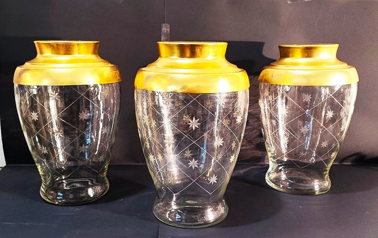 4 Glass vases for candies with engraved stars & brass lid, 1940s 2