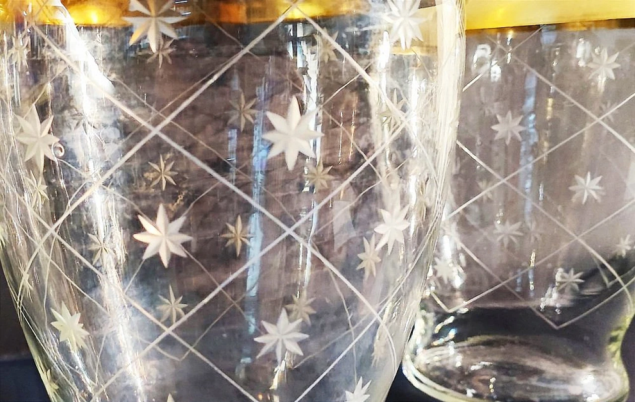 3 Glass vases for candies with engraved stars & brass lid, 1940s 5