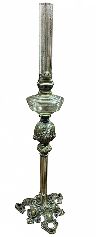 Bronze and glass oil lamp, mid-19th century