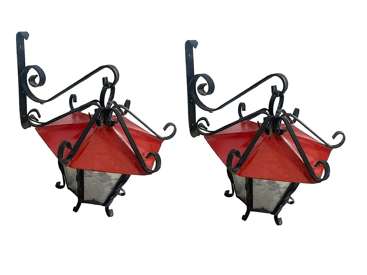 Pair of red and black wrought iron wall lights, 1970s 1