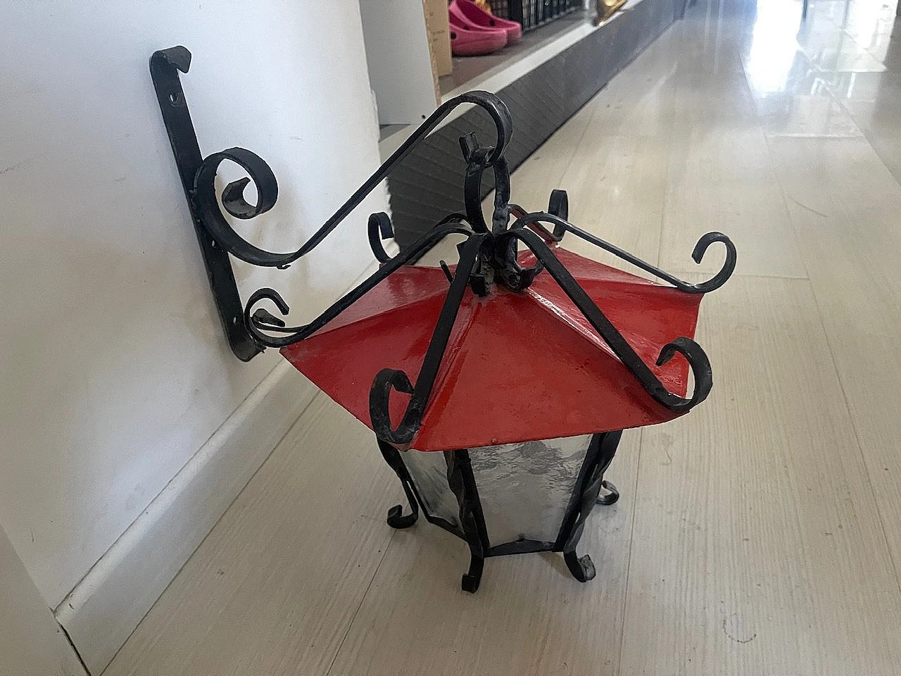 Pair of red and black wrought iron wall lights, 1970s 4