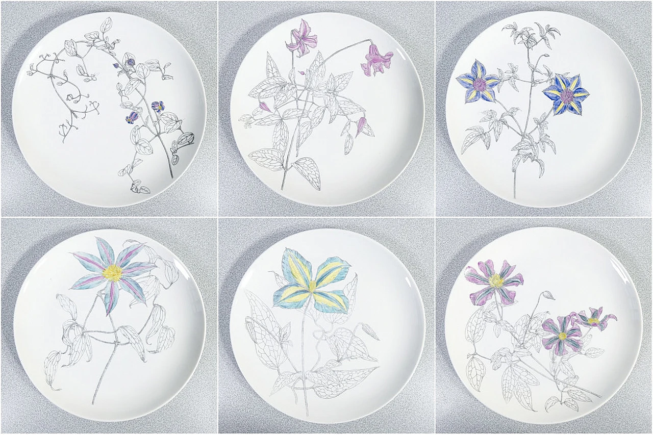 6 Porcelain Clematites plates by Piero Fornasetti, 1950s 1