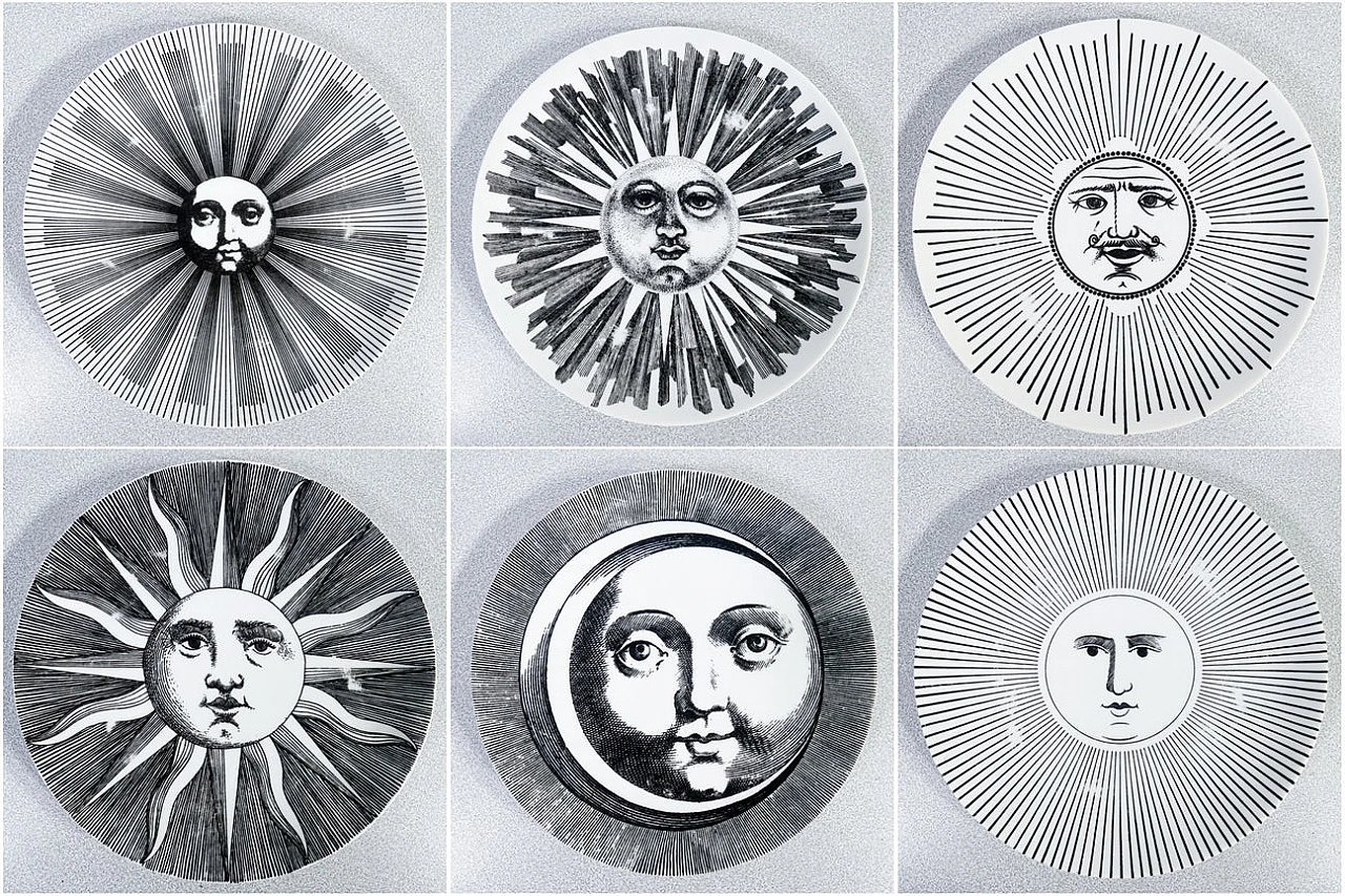 6 Piatti Soli e Lune in porcellana di Piero Fornasetti, anni '70 1