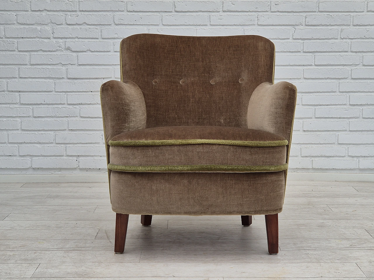 Danish velvet and beech armchair, 1960s 1