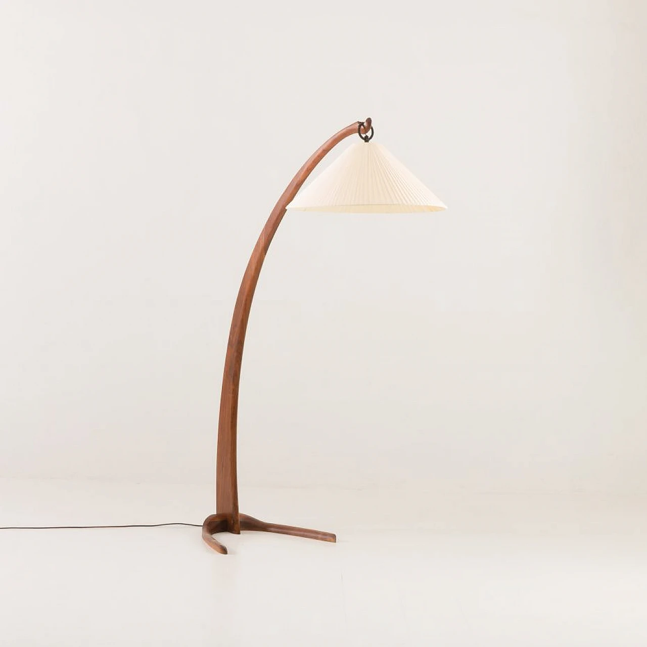 Walnut arched floor lamp with handmade shade, 1960s 1