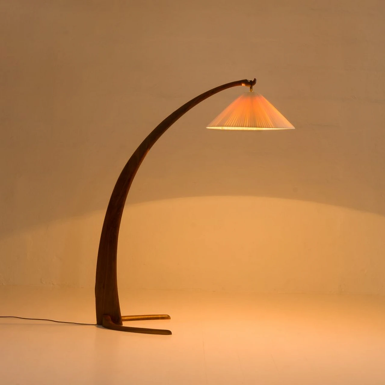 Walnut arched floor lamp with handmade shade, 1960s 4