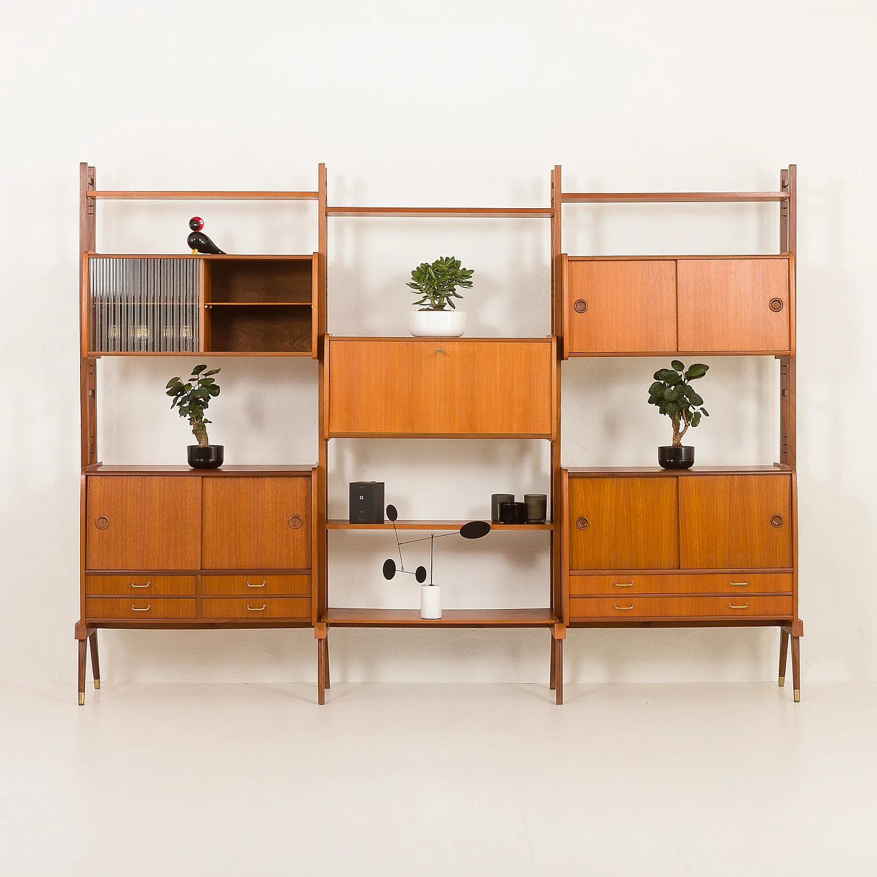 Scandinavian teak bookcase with five cabinets, 1960s 1