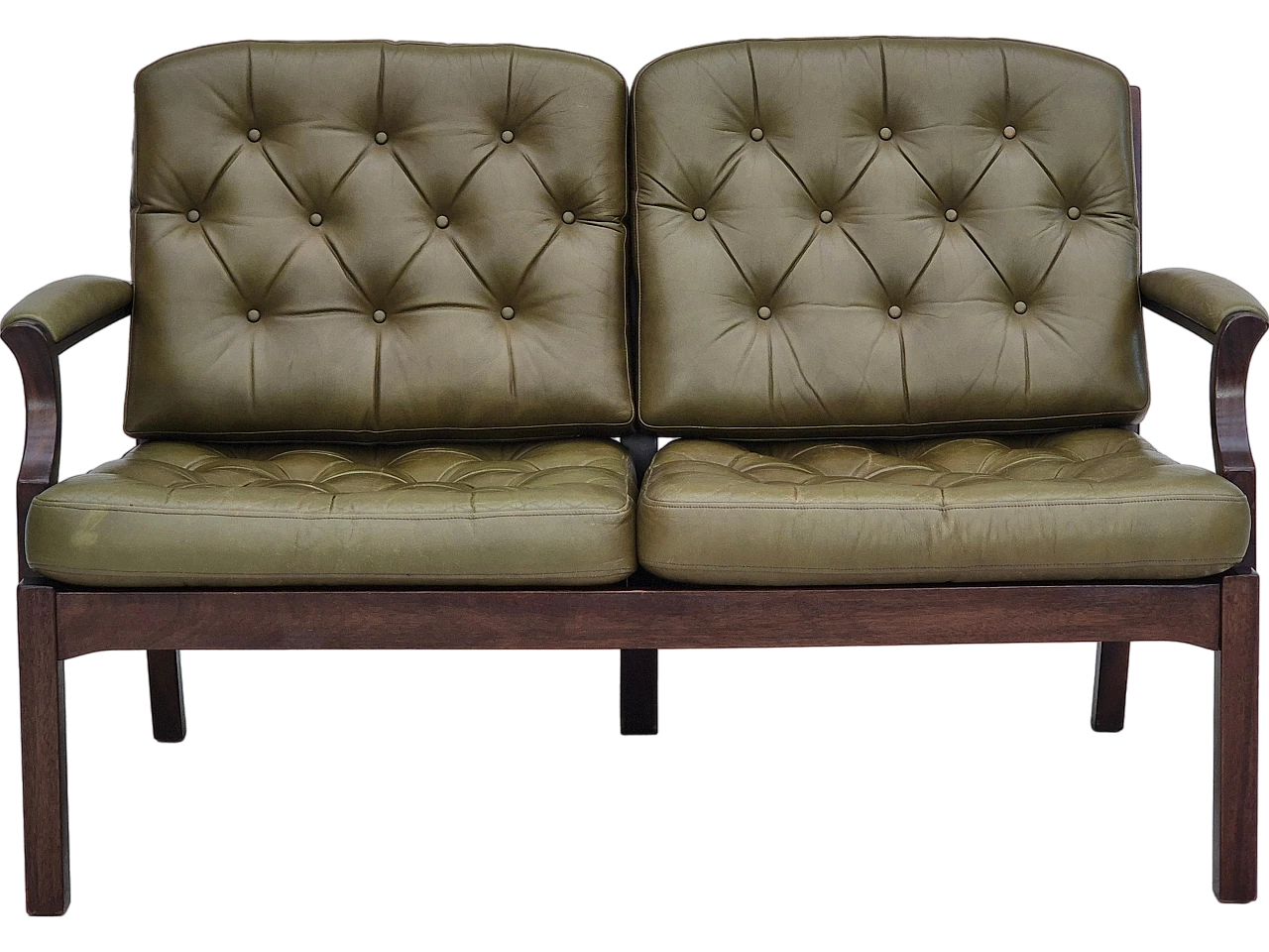 Scandinavian two-seater teak and green leather sofa, 1970s 17