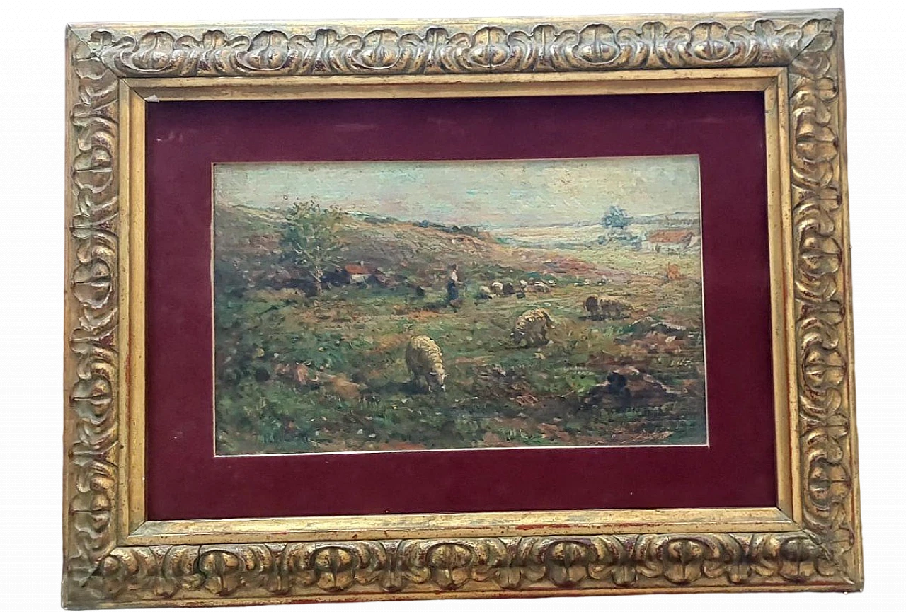 Tito Pellicciotti, Flock with Peasant Woman, oil painting,20th century 1