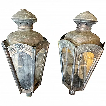 Pair of Art Nouveau procession candle lamps in copper & iron