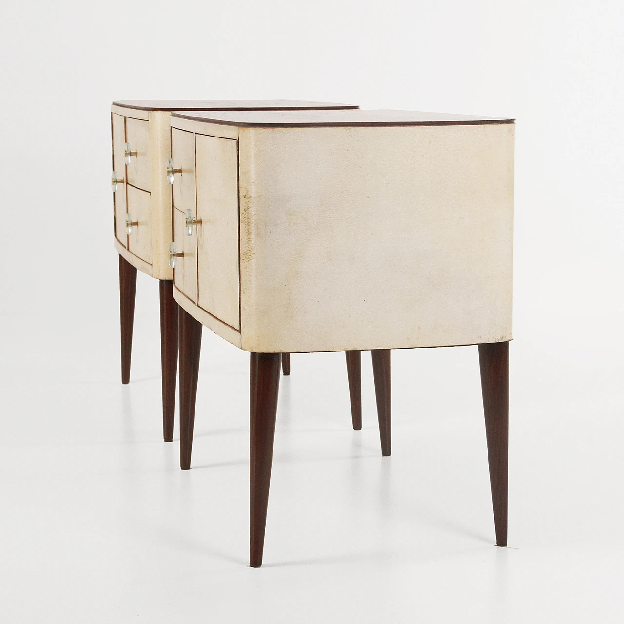 Pair of briar-root and parchment bedside tables, 1950s 12