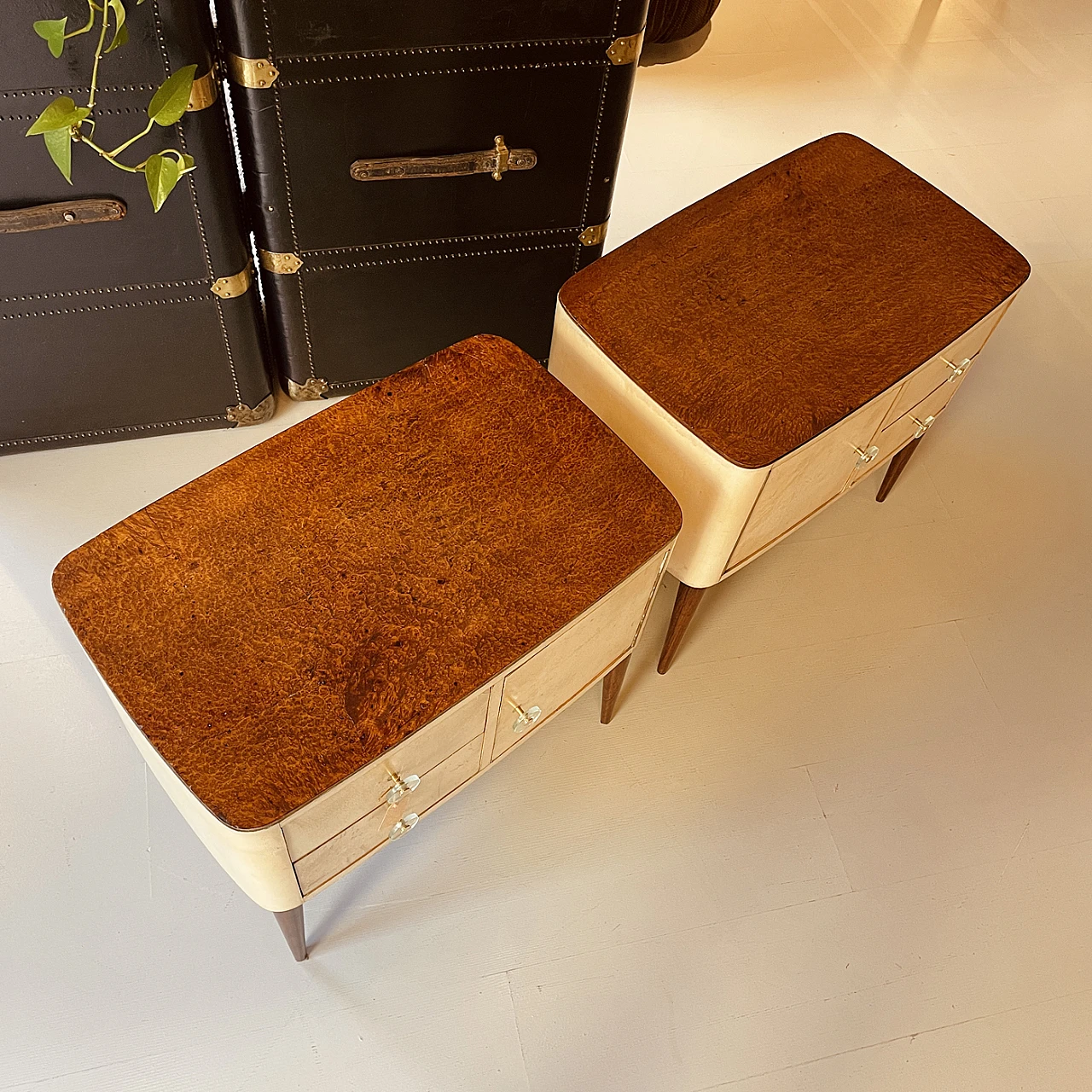 Pair of briar-root and parchment bedside tables, 1950s 16