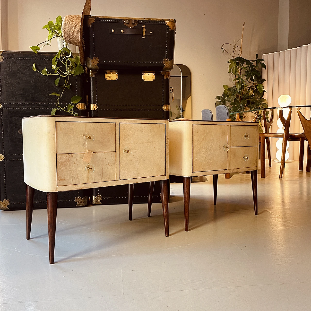 Pair of briar-root and parchment bedside tables, 1950s 17