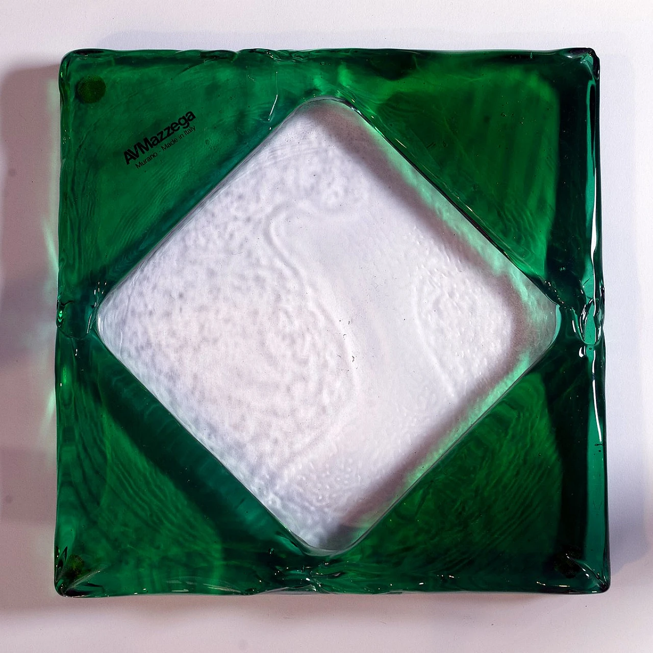 Emerald green & transparent Murano glass ashtray by Mazzega, 1980s 3