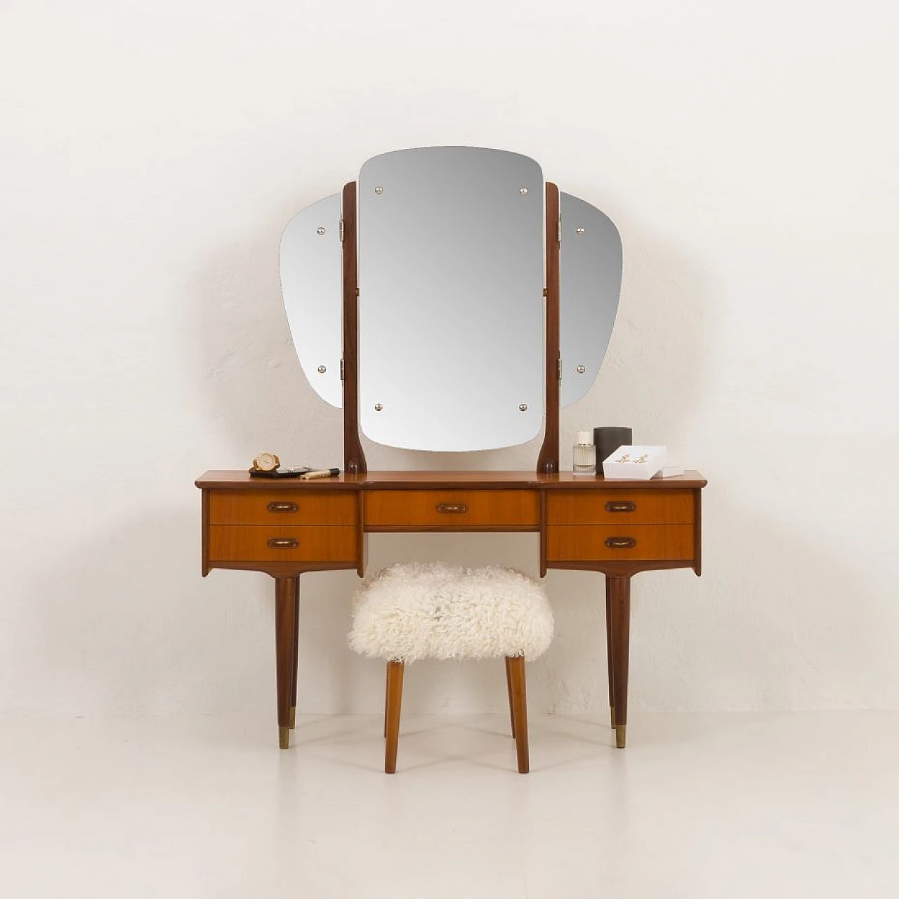 Scandinavian teak vanity table with adjustable mirrors, 1960s 2