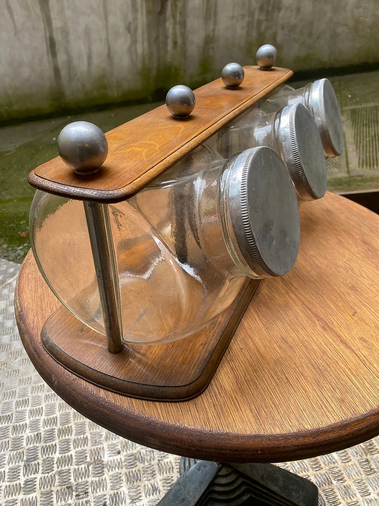 3 Glass cookie jars on wood stand, 1930s 4