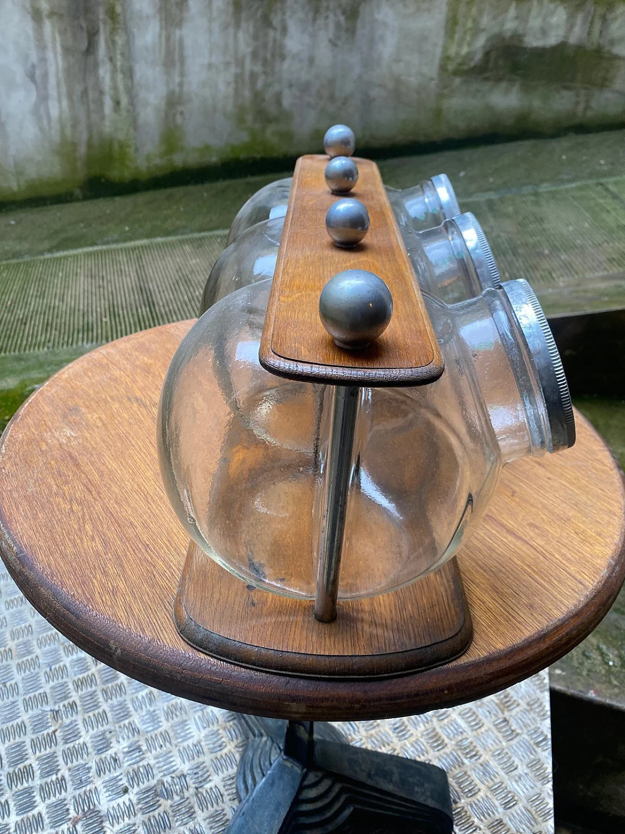 3 Glass cookie jars on wood stand, 1930s 3