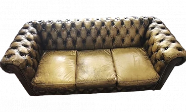 Oak and leather three-seater Chesterfield sofa, 1940s