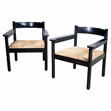 Pair of armchairs in wood & straw attributed to Magistretti, 1960s