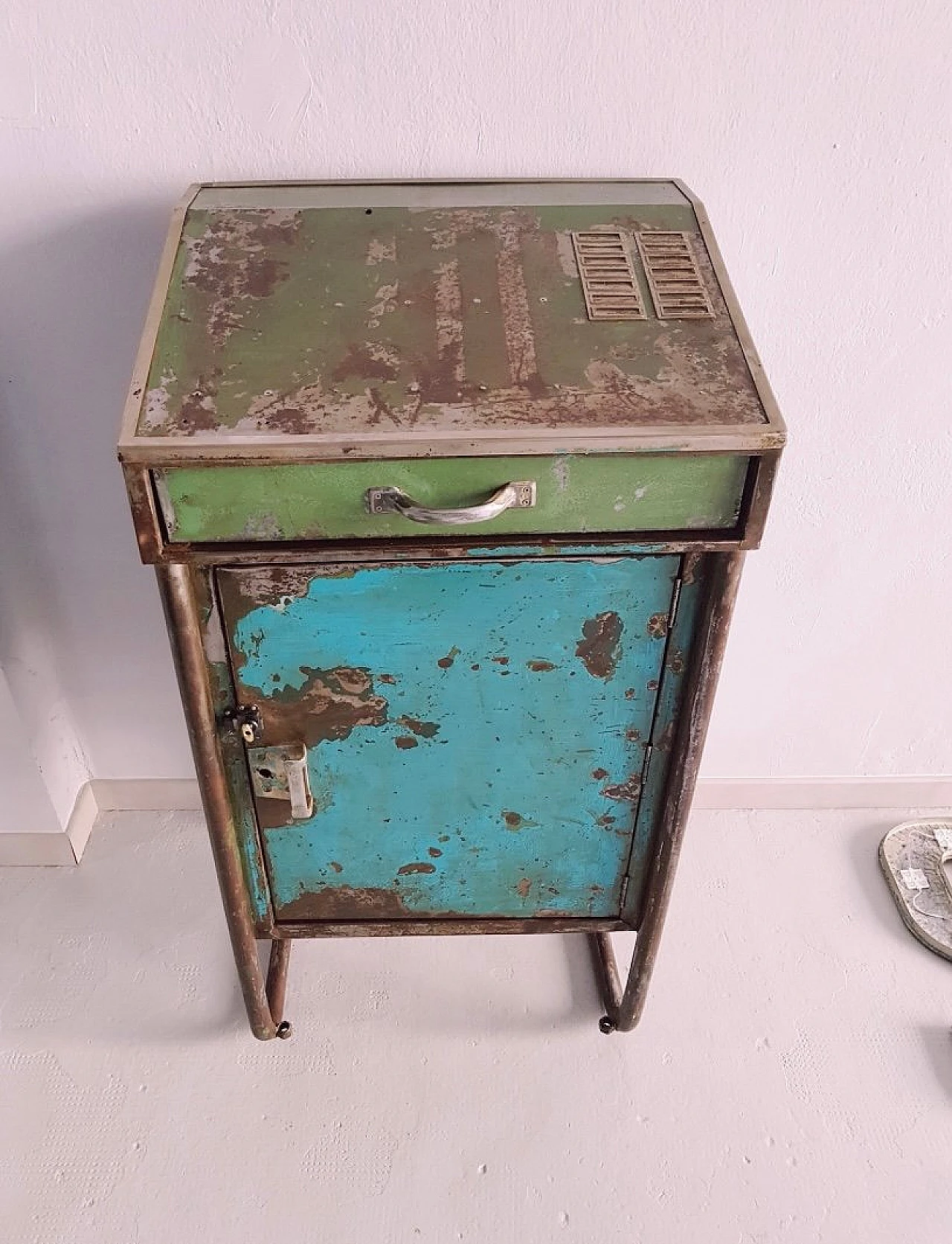 Industrial cabinet in metal with door and drawer, 1950s 1