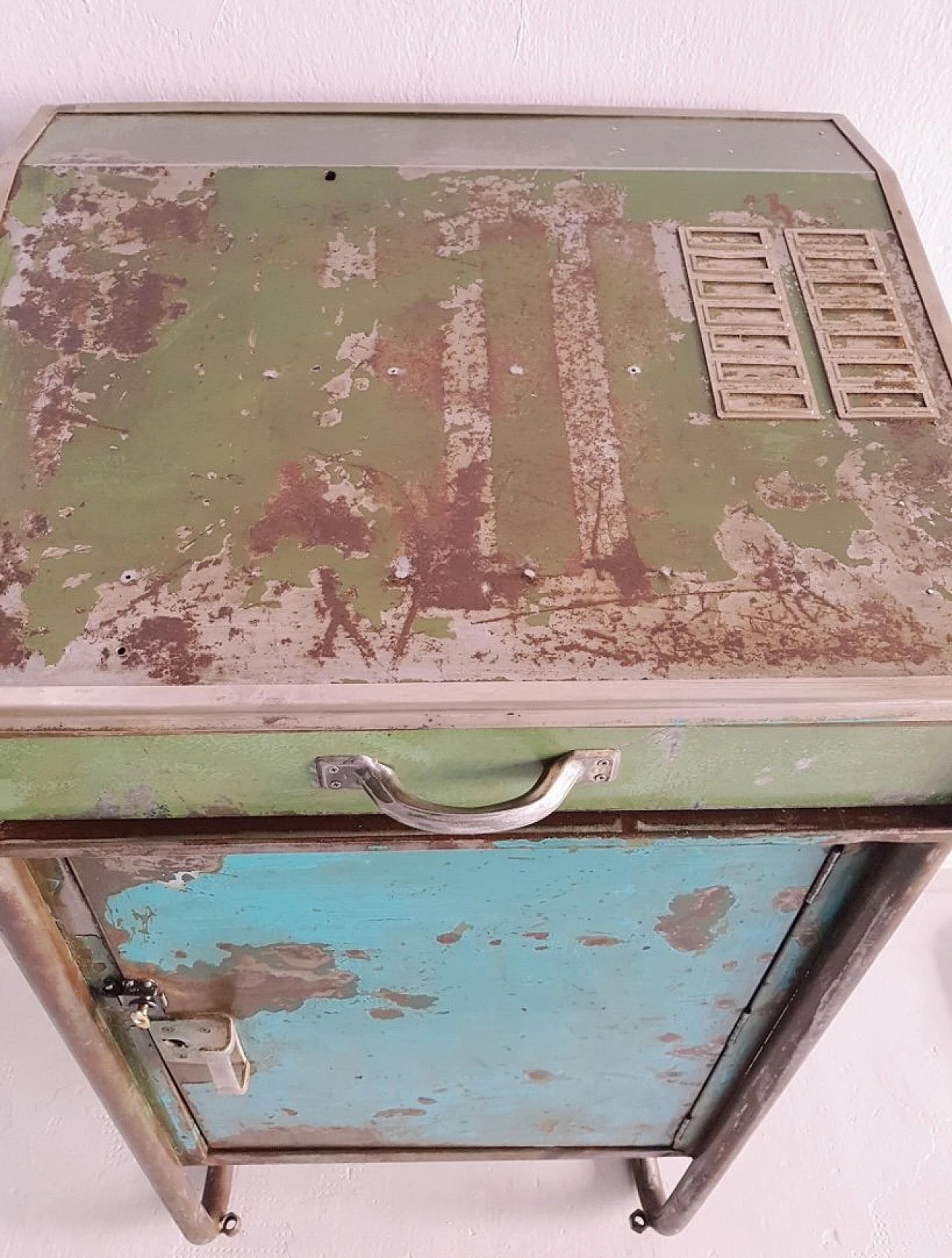 Industrial cabinet in metal with door and drawer, 1950s 4