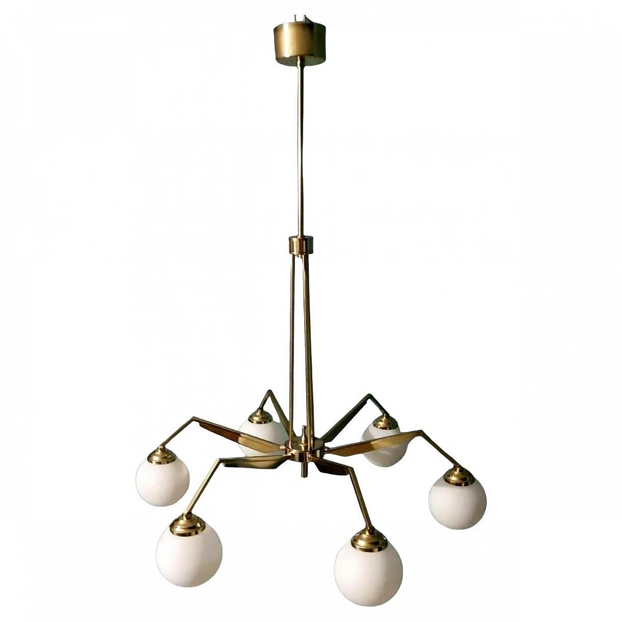 6-Light chandelier in brass & opaline glass in Stilnovo style, 1960s 1