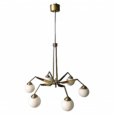 6-Light chandelier in brass & opaline glass in Stilnovo style, 1960s