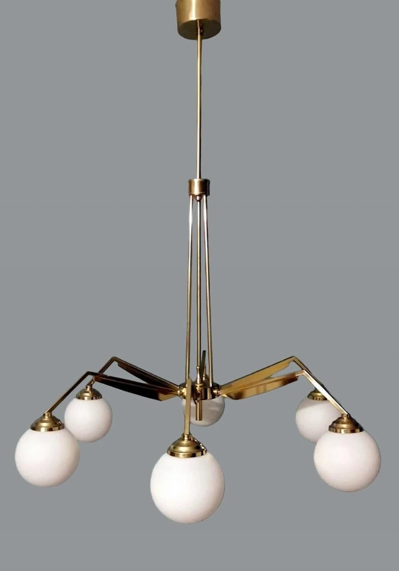 6-Light chandelier in brass & opaline glass in Stilnovo style, 1960s 2