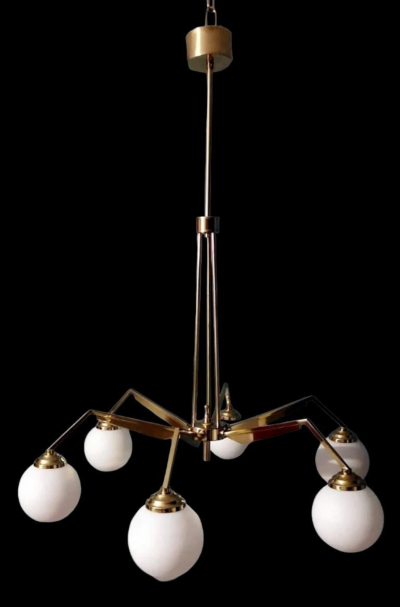 6-Light chandelier in brass & opaline glass in Stilnovo style, 1960s 3