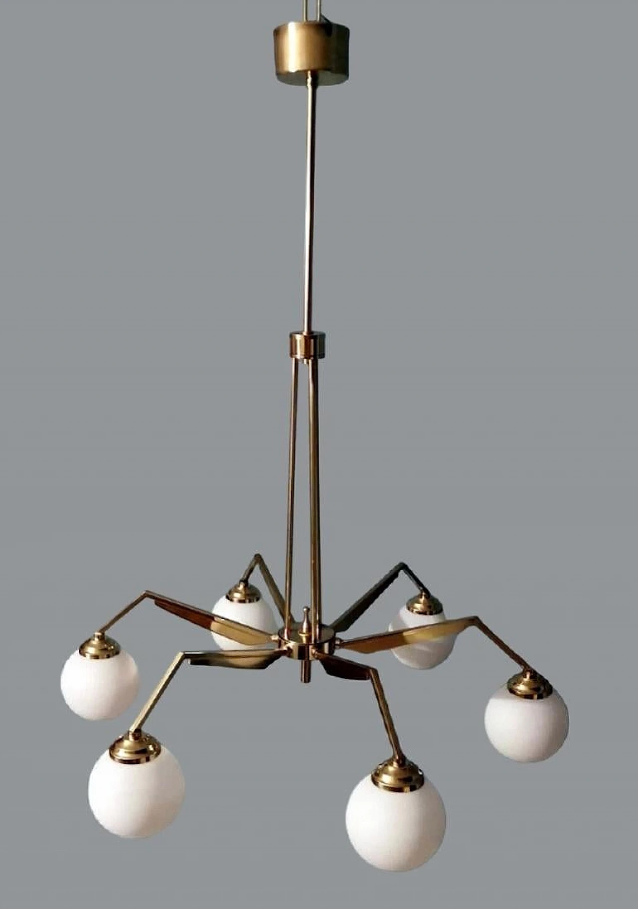 6-Light chandelier in brass & opaline glass in Stilnovo style, 1960s 4