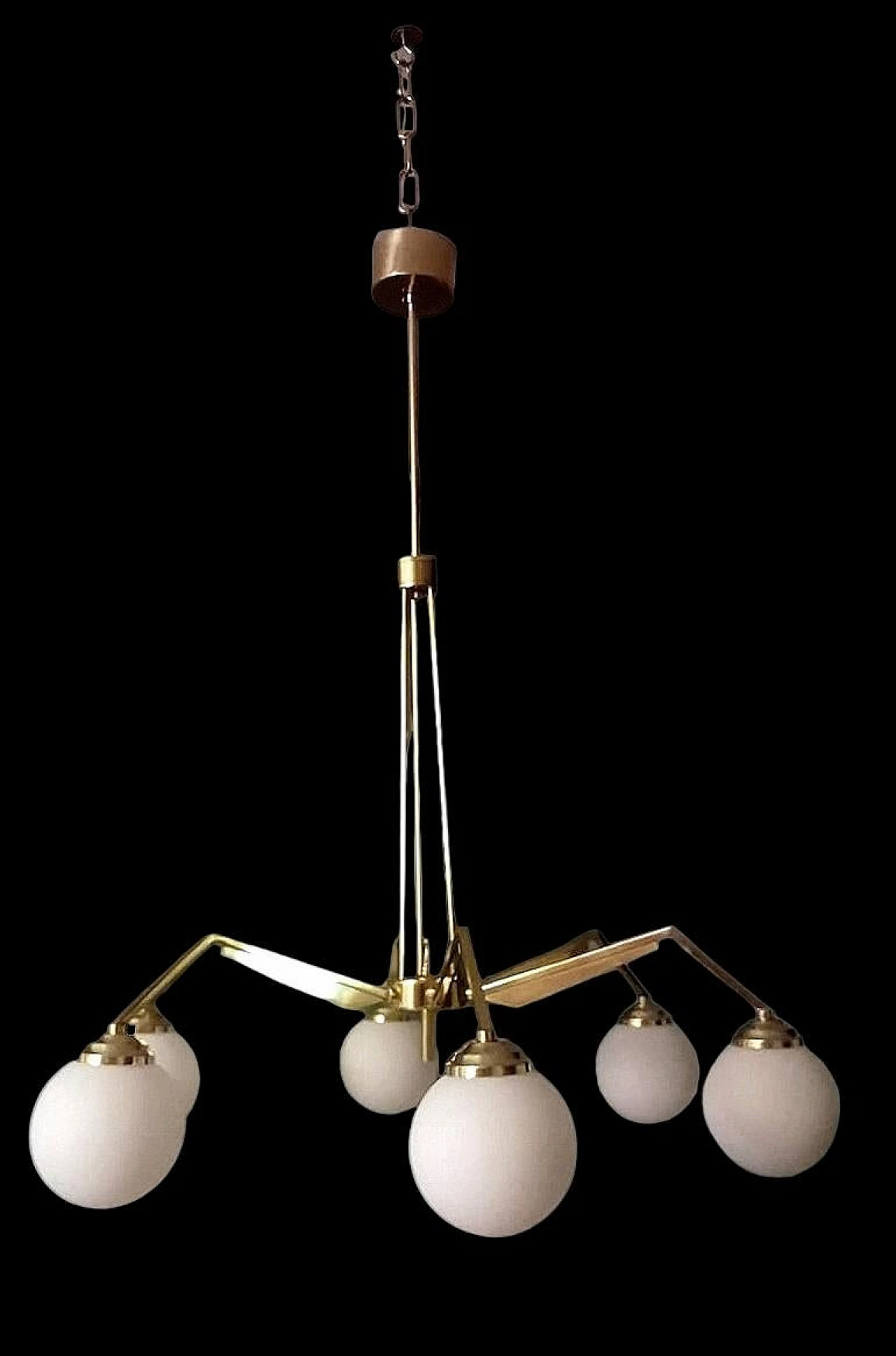 6-Light chandelier in brass & opaline glass in Stilnovo style, 1960s 5