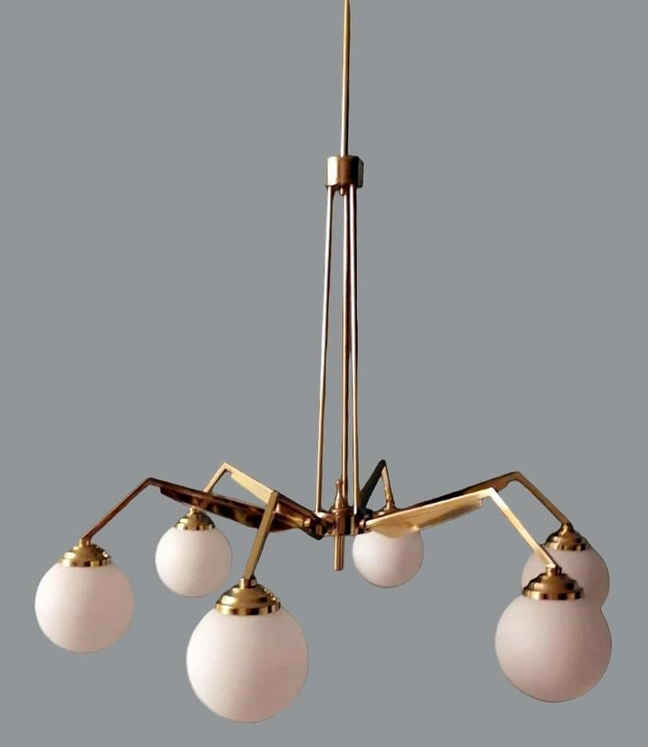 6-Light chandelier in brass & opaline glass in Stilnovo style, 1960s 6