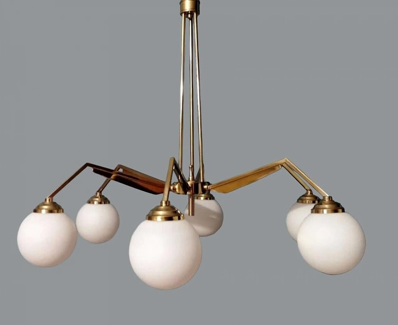 6-Light chandelier in brass & opaline glass in Stilnovo style, 1960s 7