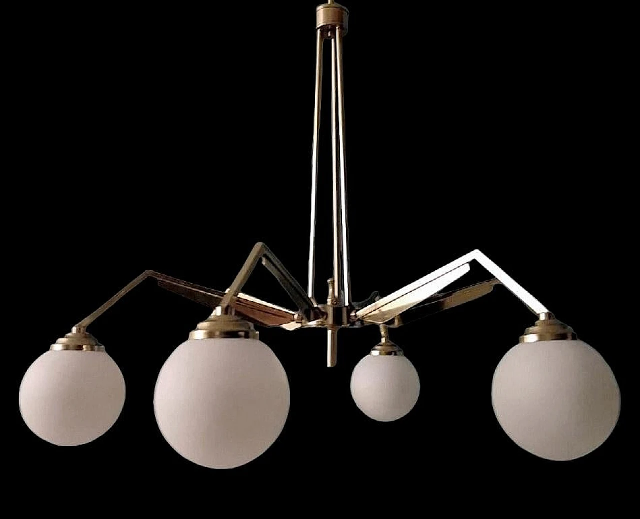 6-Light chandelier in brass & opaline glass in Stilnovo style, 1960s 8