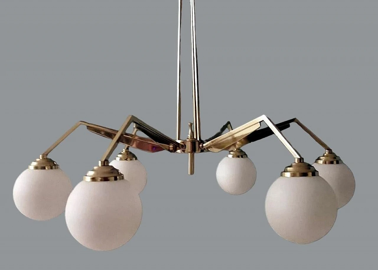 6-Light chandelier in brass & opaline glass in Stilnovo style, 1960s 9