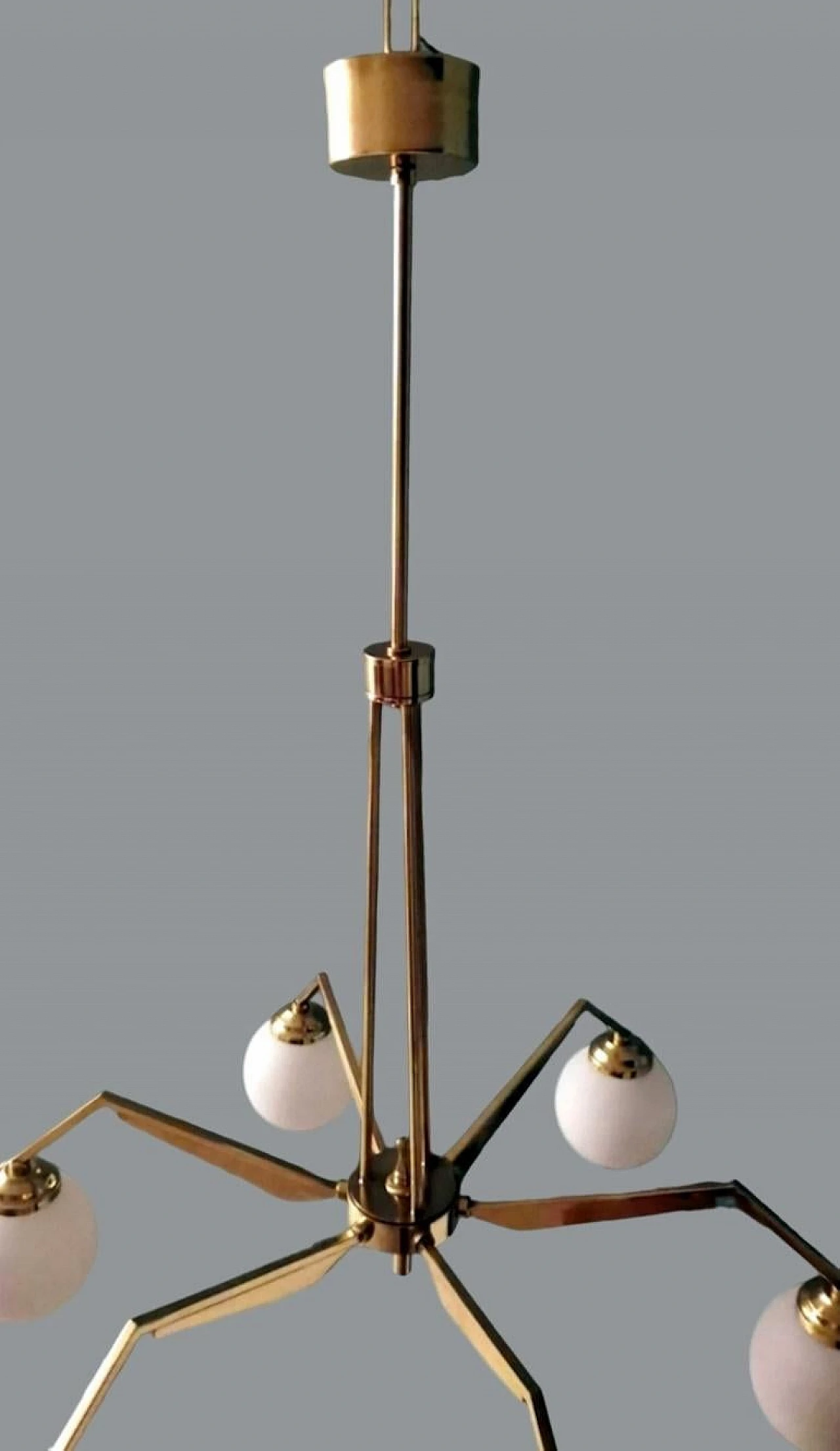 6-Light chandelier in brass & opaline glass in Stilnovo style, 1960s 10