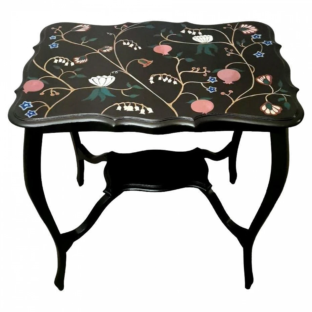 Chippendale style tea table in ebonized wood with flower motifs 1