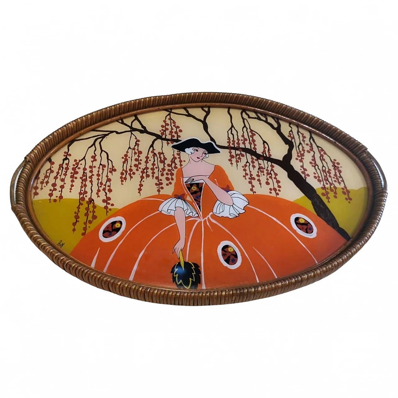 Art Nouveau wood & wicker enameled-painted tray, 1931 1