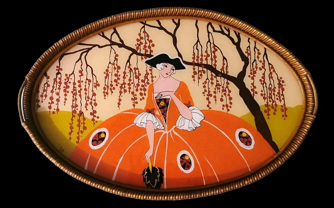 Art Nouveau wood & wicker enameled-painted tray, 1931 2