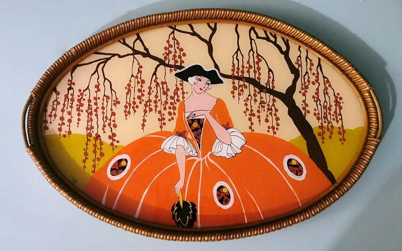 Art Nouveau wood & wicker enameled-painted tray, 1931 3