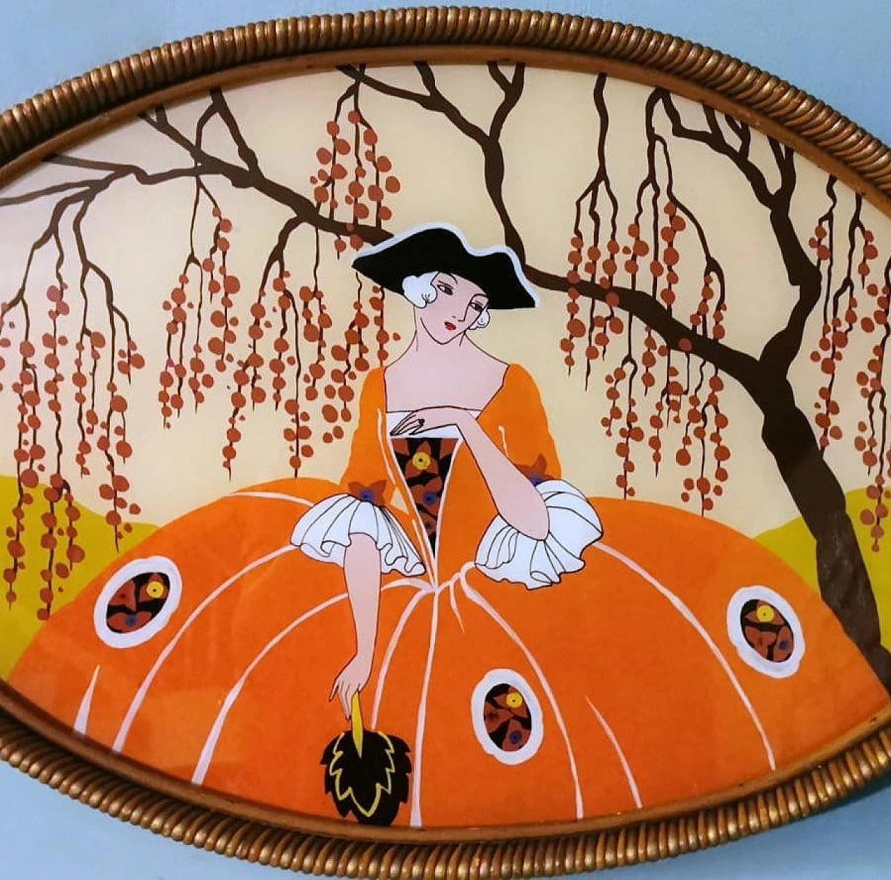 Art Nouveau wood & wicker enameled-painted tray, 1931 4