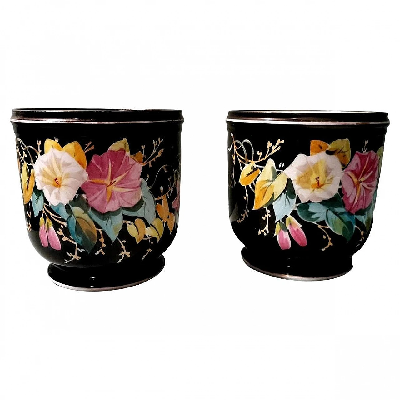 Pair of Napoleon III hand-painted porcelain cachepots, 19th century 1