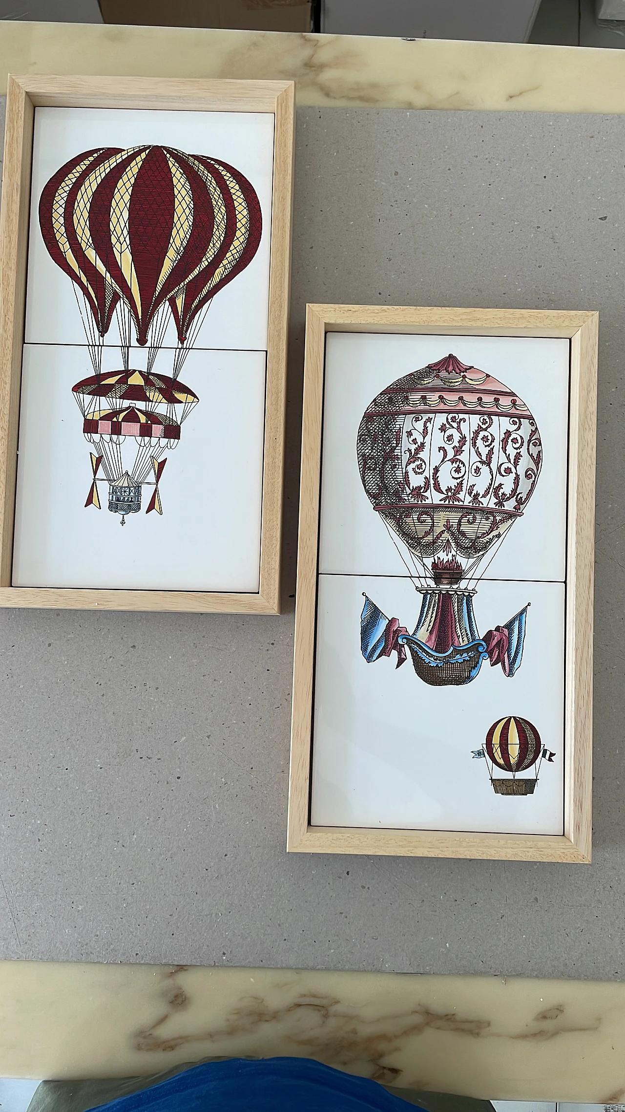 Pair of framed Flying Machines tiles by Piero Fornasetti 1