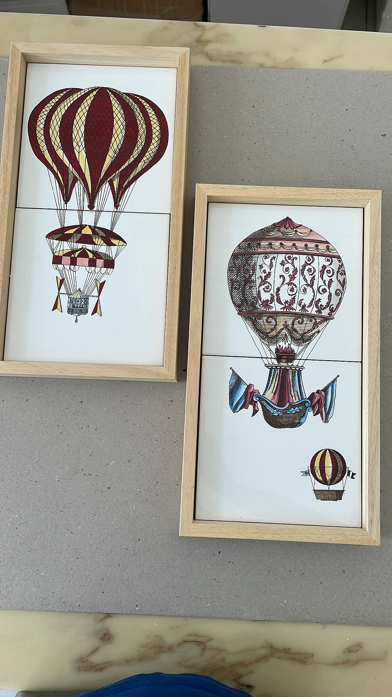 Pair of framed Flying Machines tiles by Piero Fornasetti 2