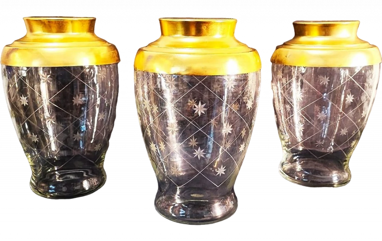 4 Glass vases for candies with engraved stars & brass lid, 1940s 6