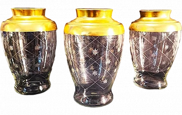 3 Glass vases for candies with engraved stars & brass lid, 1940s